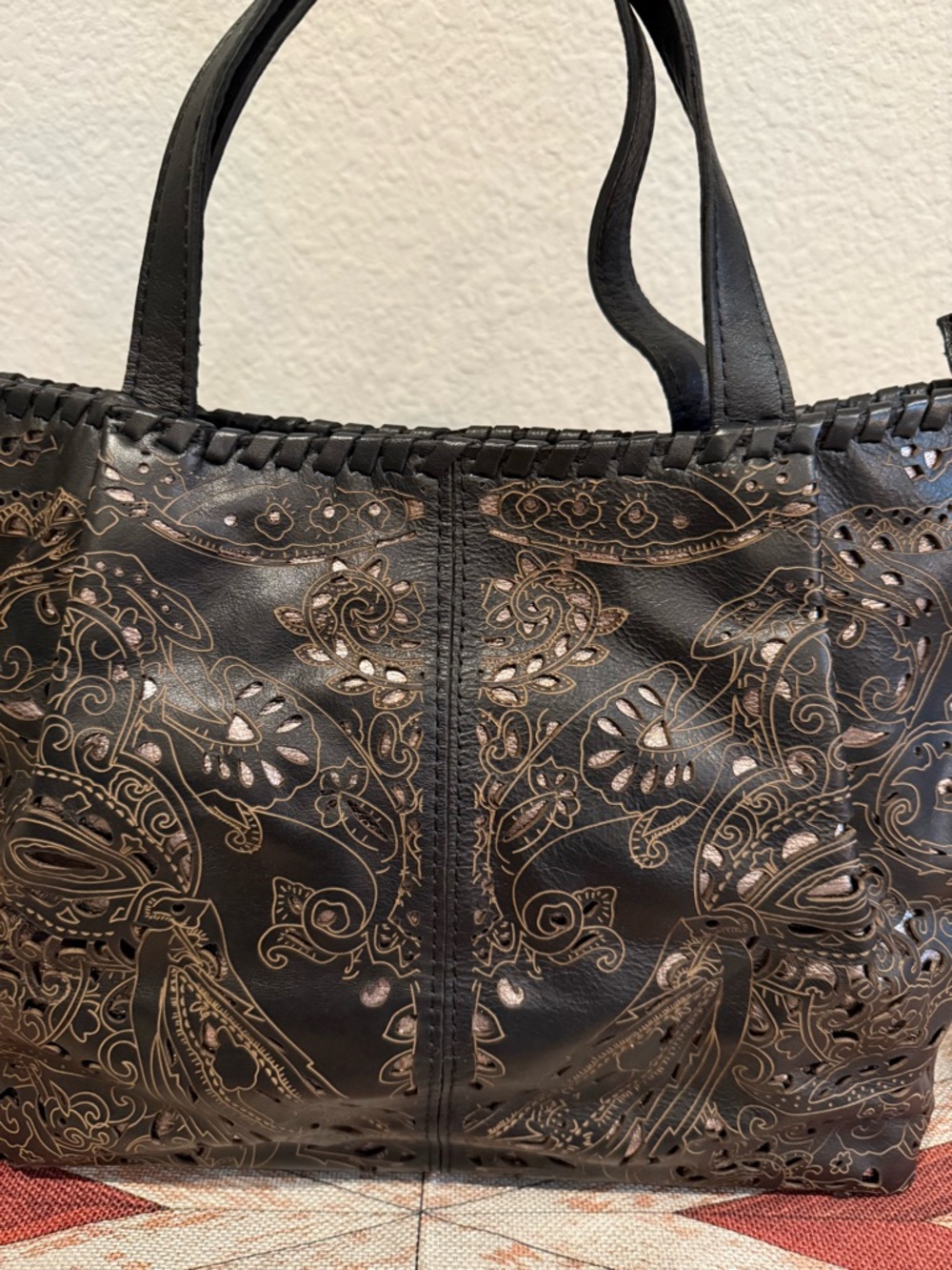 Patricia Nash Metallic Tooled Laser Lace Benvenuto Tote - Black - Picture 2 of 8